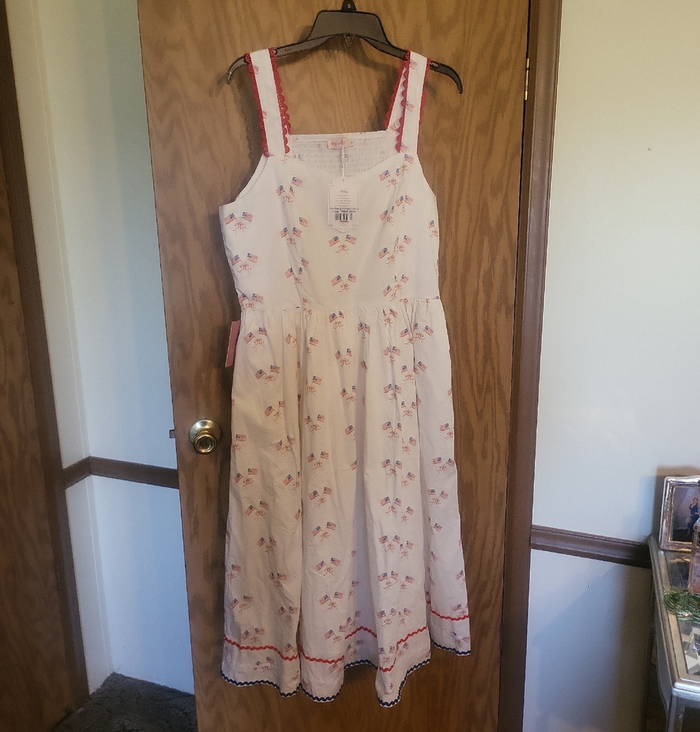 Girls White Sundress with Red Trim and Flag Print